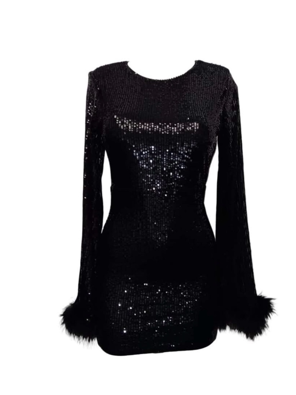 Black Sequin Mini Dress with Feather Cuffs